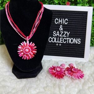 Pink Floral Statement Necklace & Earrings Set